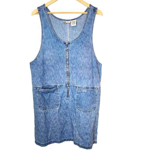 Vintage Dresses & Skirts - Vintage 90s Y2K Denim Sleeveless Dress Jumper Pockets Zip Up Kidcore Cottagecore